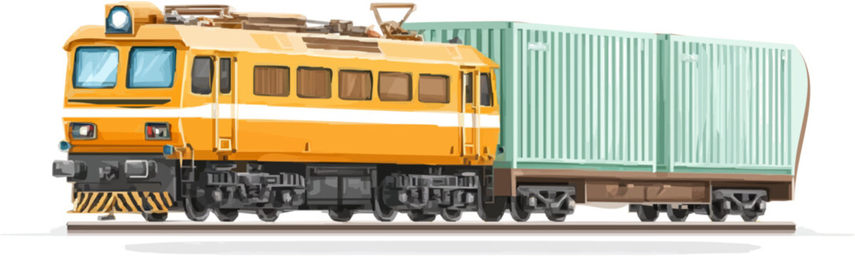 A powerful double-stack intermodal freight train with loaded containers, clean precise lines, flat solid colors, and a sleek yellow locomotive on a white background