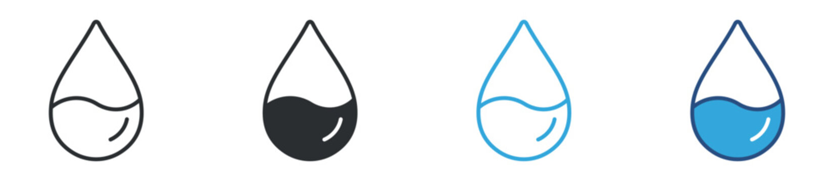 Half filled water drop icon set. liquid level indicator symbol. hydration and measurement concept. vector illustration.