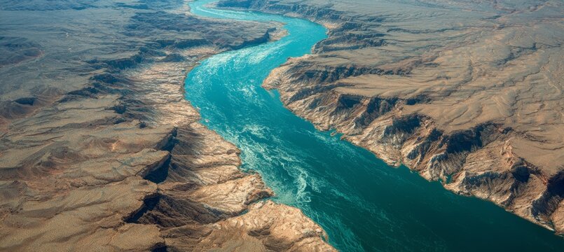 Big river at desert canyon valley. Generative AI technology.	