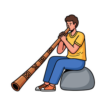 Young man playing a didgeridoo with ethnic pattern, celebrating world music day, folk instrument performance, cultural sound, rhythmic melody