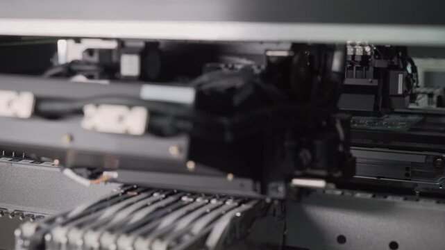 Robotic production of printed circuit board. Automated manufacturing of electronic chips. Close-up of a part of the production line in the process of manufacturing microchips.