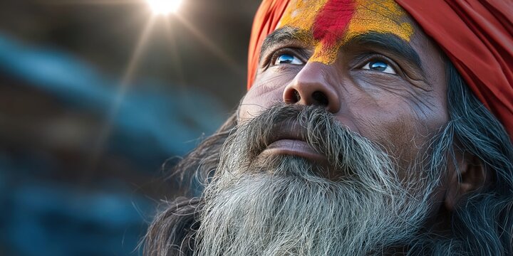 Close-up portrait of an Indian yogi with a long beard and traditional forehead markings