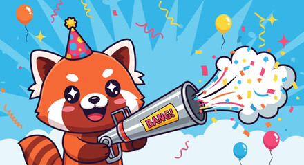 Cute red panda in party hat holding a megaphone with confetti. © Kelik