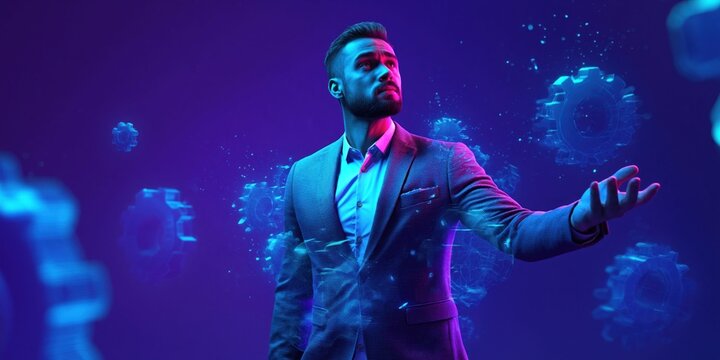 Businessman interacting with holographic gears, symbolizing innovation and technology