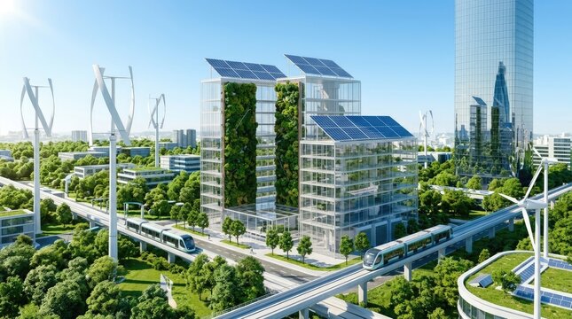 A futuristic cityscape showcases a modern, sustainable building complex integrated with green spaces and advanced transportation systems.