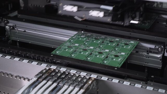 Robotic production of printed circuit board. Automated manufacturing of electronic chips. Close-up of a part of the production line in the process of manufacturing microchips.