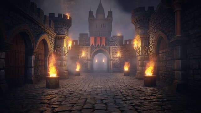 Mysterious torchlit medieval castle entrance at night, with weathered stone walls creating an ominous and captivating historical fantasy atmosphere