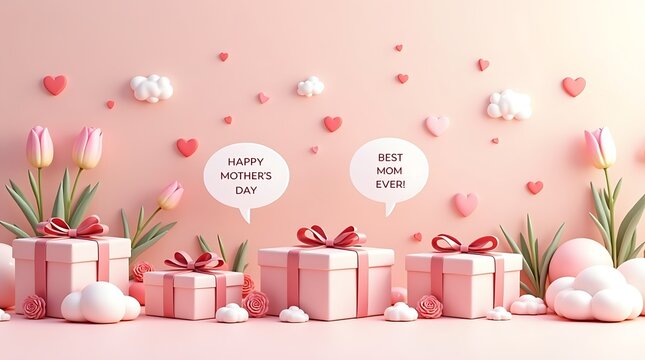 Happy Mothers Day 3D Render: Pink Gifts, Tulips, Hearts, and Clouds