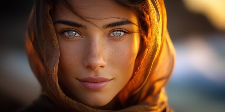 Close-up portrait of a young woman with striking eyes and a flowing silk headscarf
