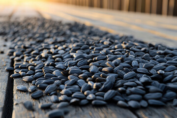 Obraz premium Sunflower seeds scattered on wooden surface, creating natural and rustic atmosphere. warm sunlight enhances texture and color