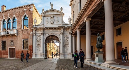 Obraz premium Historical architecture with arched entrance and classical columns on a sunny day