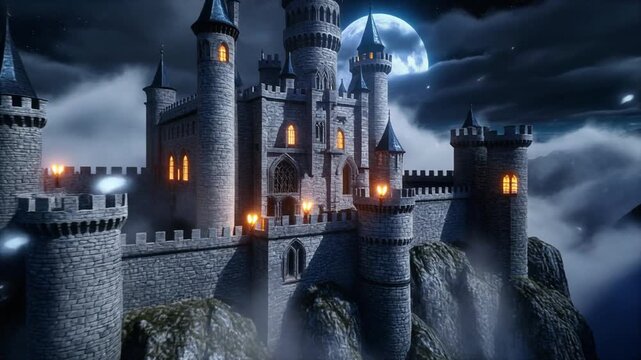 Majestic fairytale castle dramatically perched atop rugged cliffs, bathed in the ethereal glow of a full moon amidst swirling mystical clouds at twilight, evoking ancient legends and enchantment