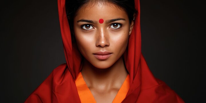 Portrait of a young Indian woman with a red bindi and traditional attire