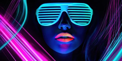 Close-up portrait of a woman with neon makeup and shutter glasses at a rave © Yevheniiya