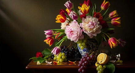 Fototapeta premium Vibrant floral still life with colorful tulips and peonies, fresh grapes, and citrus fruit. Elegantly lit arrangement on a dark, classic background