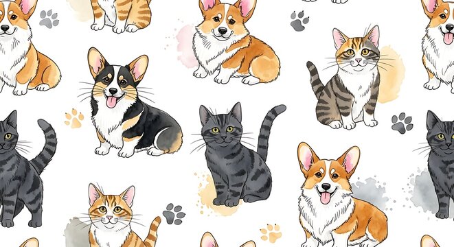 Illustrated pattern of various happy cats and dogs with paw prints
