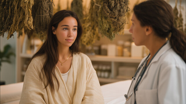 Curandera healer in a urban Los Angeles clinic consulting a young professional patient, dried botanical bundles hanging from the ceiling above a modern examination table, traditional and clinical he