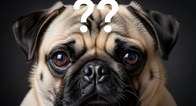 Close up of a fawn pug with questioning expression and question marks