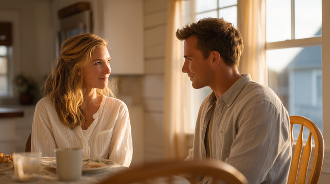 Empty nest couple sitting at a breakfast table for two with an extra chair pushed in, their conversation tentative and newly rediscovered, the quiet intimacy of empty nest transition reimagined as a