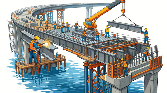 Illustration of construction workers building a curved bridge over water with a crane