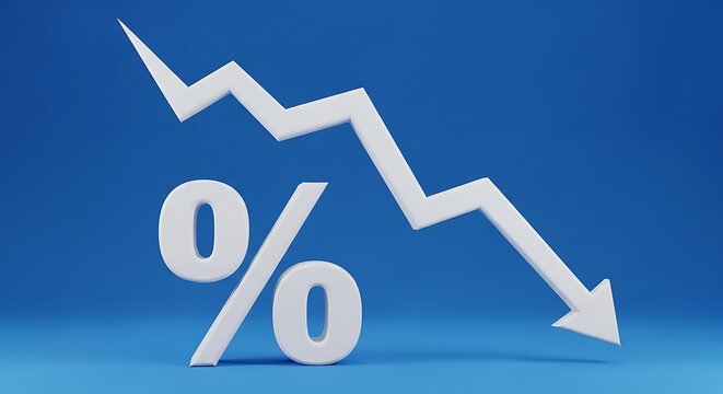 Downward white percentage sign trend arrow on blue background
