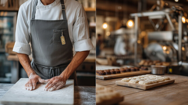 Pastry chef wiping flour from their forearms while standing over a marble slab in a professional kitchen, a timer clipped to their apron, racks of cooling canel&eacute;s visible behind them, industrial mix