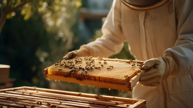 Close-up of a beekeeping glove gently lifting a honeycomb frame in a sun-drenched backyard apiary during peak summer, cells glistening with fresh honey while bees move calmly across the surface in n