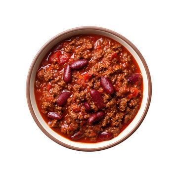 Chili con carne with ground beef and kidney beans in rich tomato sauce, served in a bowl, isolated on white background.