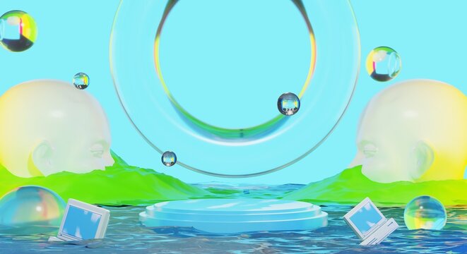 retro-future y2k 2000s frutiger aero aqua web 2.0 gloss with stage podium for product display showcase, 3d illustration rendering abstract background, technology and nature environment concept