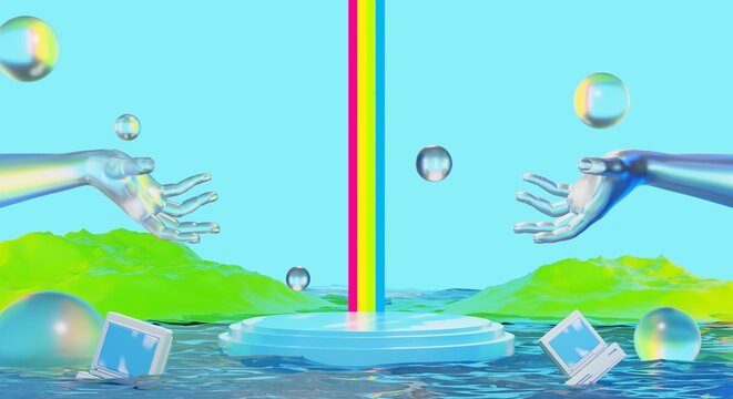 retro-future y2k 2000s frutiger aero aqua web 2.0 gloss with stage podium for product display showcase, 3d illustration rendering abstract background, technology and nature environment concept