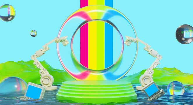 retro-future y2k 2000s frutiger aero aqua web 2.0 gloss with stage podium for product display showcase, 3d illustration rendering abstract background, technology and nature environment concept