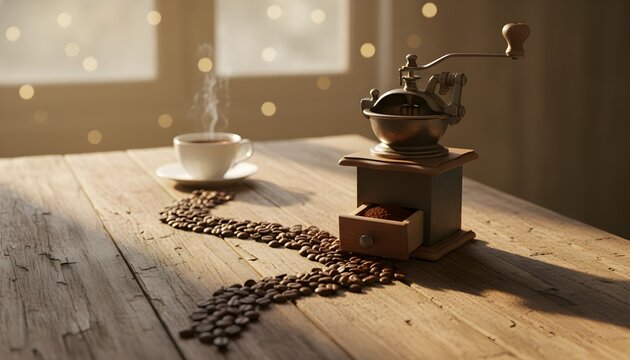 A vintage hand-crank coffee grinder sits on a rustic wooden table, with a trail of aromatic coffee beans leading to a steaming cup, creating a cozy morning scene.