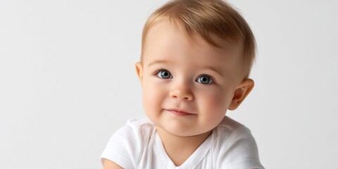 Naklejka premium Adorable baby girl with fair skin and blue eyes smiling gently on a plain background