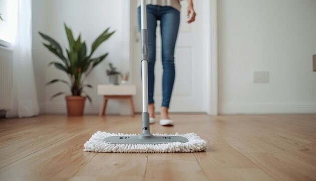 Woman cleaning wooden floor with mop at home. Modern interior with natural light, concept of hygiene, housekeeping and tidy living space, perfect for cleaning service and lifestyle themes