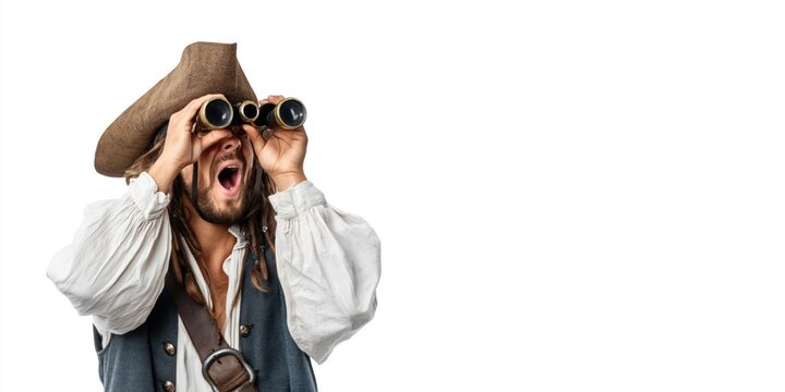 Man dressed as a pirate looking through binoculars with an excited expression