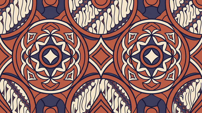 Traditional Indonesian batik parang and kawung pattern in modern flat style.