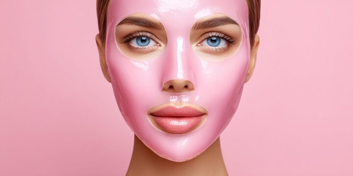 Close-up of a woman's face with a pink hydrogel sheet mask for skincare