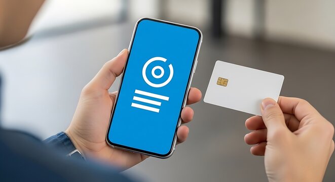 Hands holding smartphone with blue N F C payment app and white card with chip