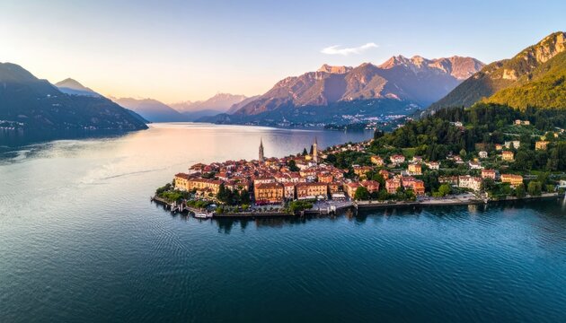 An aerial view showcases the picturesque town of Bellagio nestled on a peninsula in Lake Como, Italy, surrounded by stunning mountain scenery and bathed in the warm glow of the setting sun.