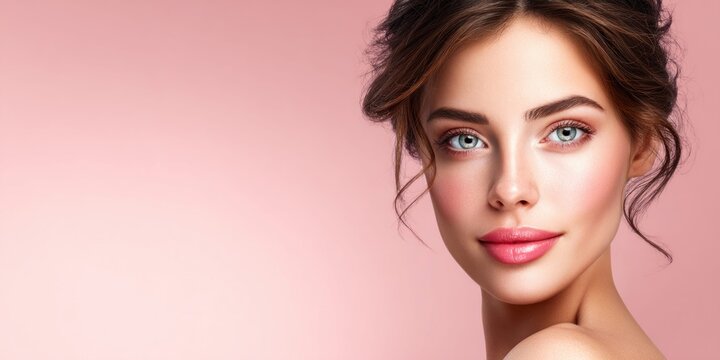 Beautiful woman's face with flawless skin and plump lips, promoting beauty treatments