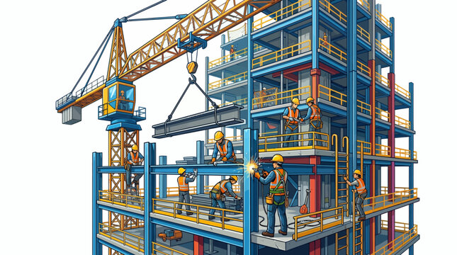 Construction site illustration with workers and tower crane on white background