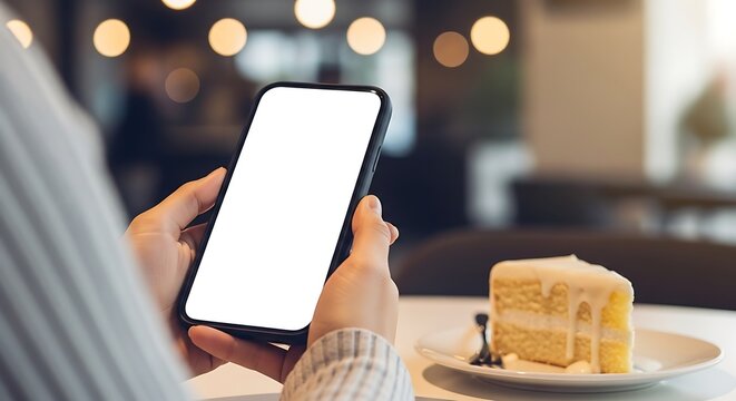 Person holding smartphone with blank screen and slice of cake on plate
