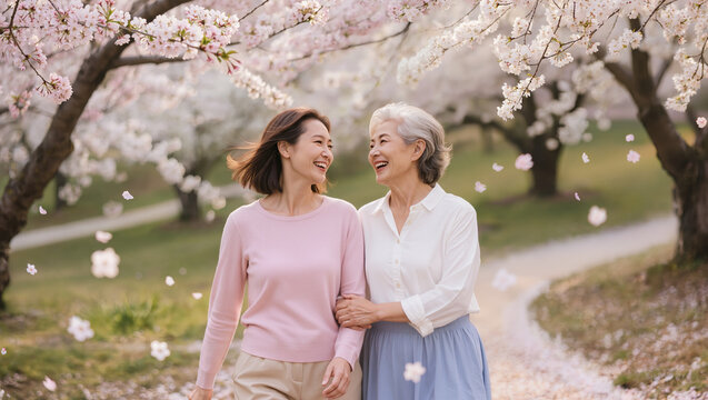 Happy Asian mother and adult daughter laughing together under cherry blossom trees in spring, family bonding moment with falling sakura petals, generations love