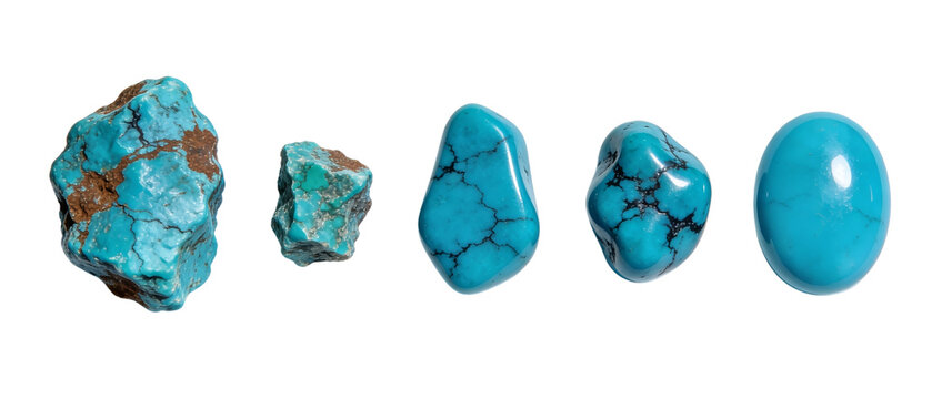 Turquoise gemstones raw and polished cabochon stones isolated on dark background, blue mineral collection for jewelry design context