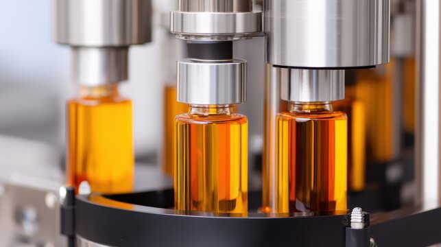 Close-up of a bottling machine filling amber-colored liquid into glass vials