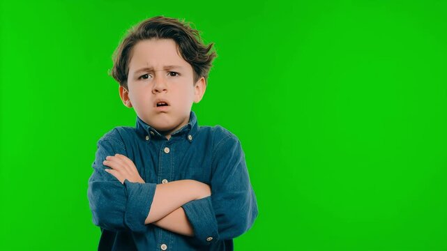 Child, angry and face with arms crossed on green screen with attitude, problem or frustrated in studio. Kid or boy with mad, grumpy and upset or annoyed facial expression with brat tantrum