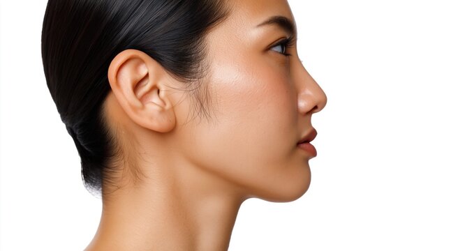Close-up profile of a Japanese woman's ear and face on a white background