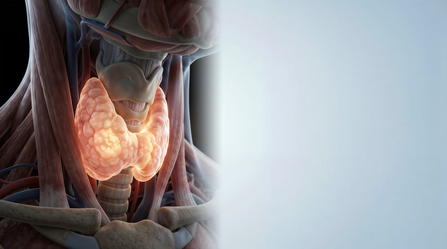 3D medical illustration of a glowing human thyroid gland in the neck area