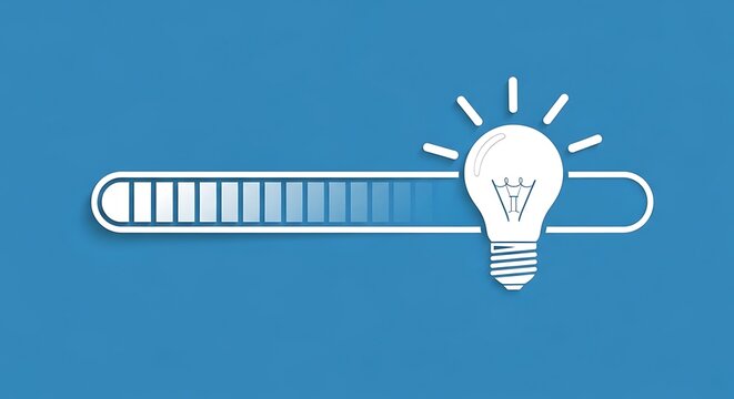 White lightbulb with glowing rays on a blue progress bar