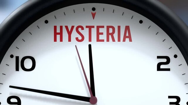 Hysteria that is going to happen soon. Upcoming hysteria, approaching in the near future. Hysteria almost here, in a short time - a clock symbolizes a reminder that hysteria is near.